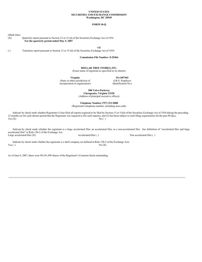 Thumbnail Dollar Tree Quarterly Report 2007-q1