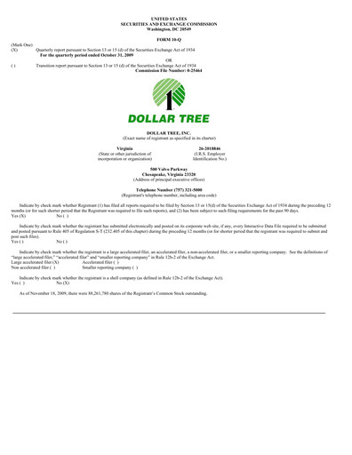 Thumbnail Dollar Tree Quarterly Report 2009-q3