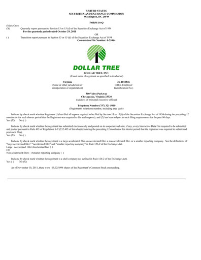 Thumbnail Dollar Tree Quarterly Report 2011-q3