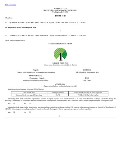Thumbnail Dollar Tree Quarterly Report 2019-q2