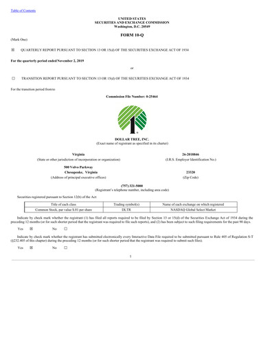 Thumbnail Dollar Tree Quarterly Report 2019-q3