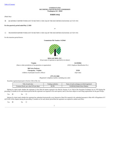 Thumbnail Dollar Tree Quarterly Report 2020-q1