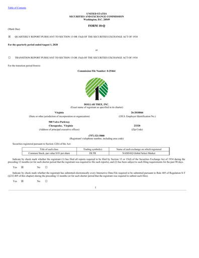 Thumbnail Dollar Tree Quarterly Report 2020-q2