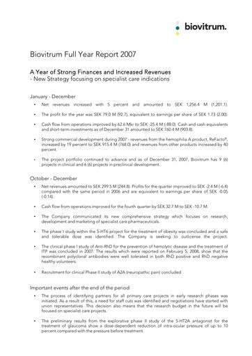 Thumbnail Swedish Orphan Biovitrum Financial Statement 2007
