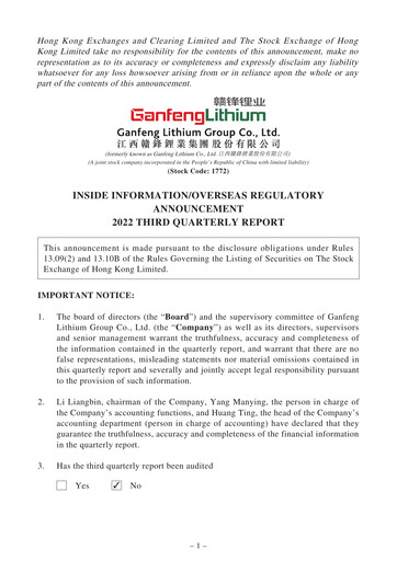 Thumbnail Ganfeng Lithium Quarterly Report 2022-q3