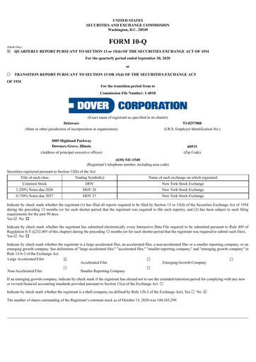Thumbnail Dover Corporation Quarterly Report 2020-q3