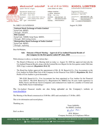 Thumbnail KIOCL Quarterly Report 2020-q1