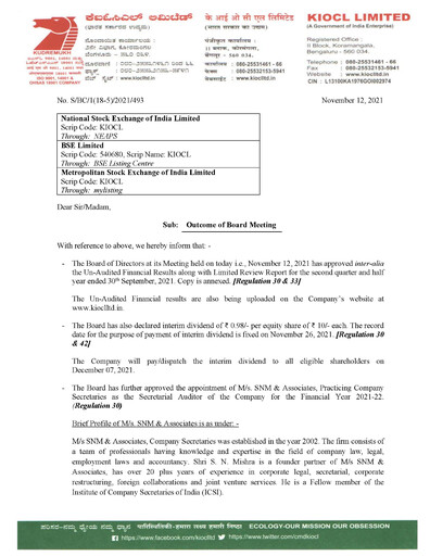 Thumbnail KIOCL Quarterly Report 2021-q2