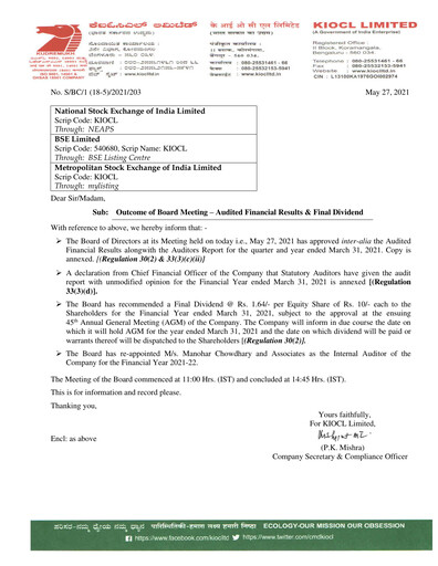Thumbnail KIOCL Quarterly Report 2021-q4