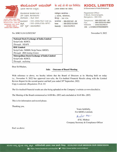 Thumbnail KIOCL Quarterly Report 2022-q2
