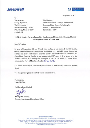 Thumbnail Sheela Foam
 Quarterly Report 2018-q1