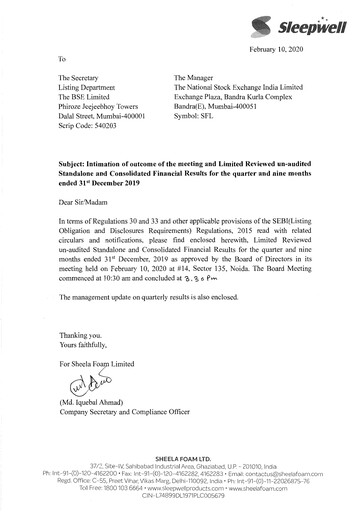 Thumbnail Sheela Foam
 Quarterly Report 2019-q3