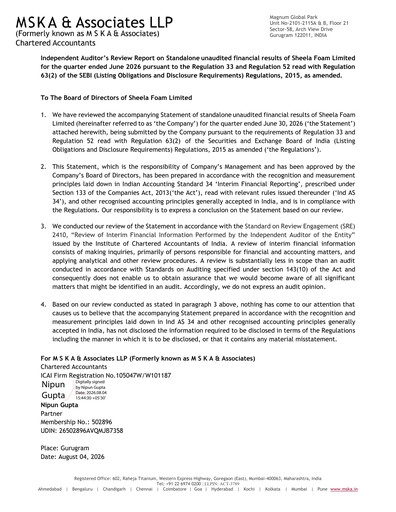Thumbnail Sheela Foam
 Quarterly Report 2026-q1