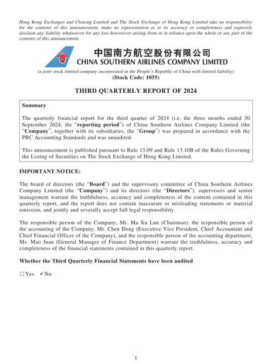 Thumbnail China Southern Airlines
 Quarterly Report 2024-q3