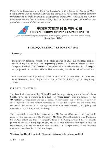 Miniature China Southern Airlines
 Rapport trimestriel 2025-q3