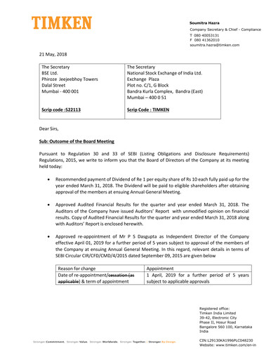 Thumbnail Timken India Financial Statement 2017-2018