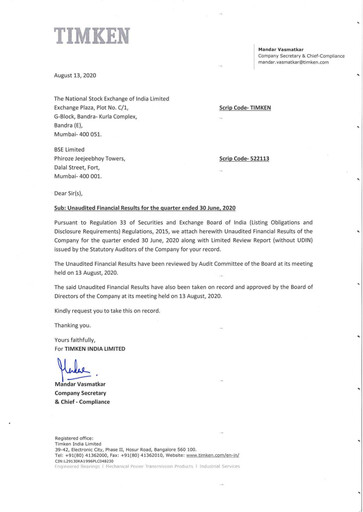 Thumbnail Timken India Quarterly Report 2020-q1