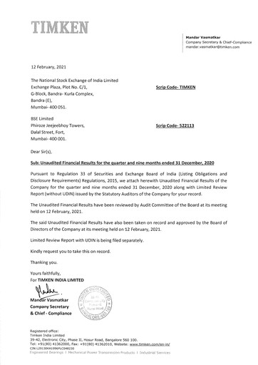 Thumbnail Timken India Quarterly Report 2020-q3