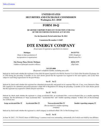 Thumbnail DTE Energy
 Quarterly Report 2012-q2