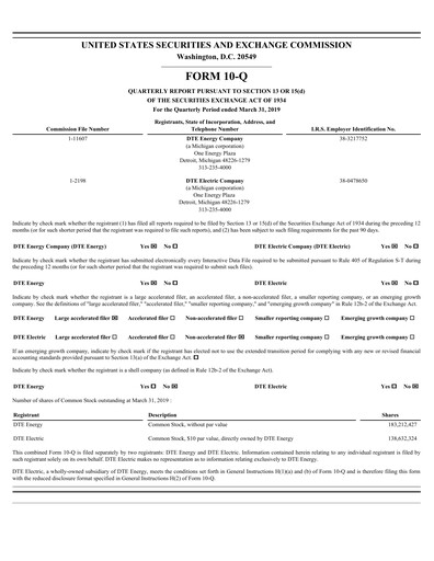 Thumbnail DTE Energy
 Quarterly Report 2019-q1