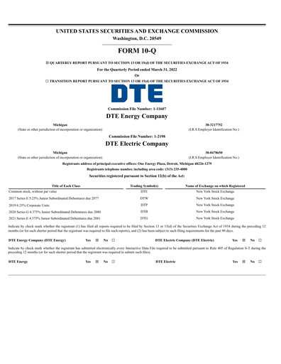 Thumbnail DTE Energy
 Quarterly Report 2022-q1