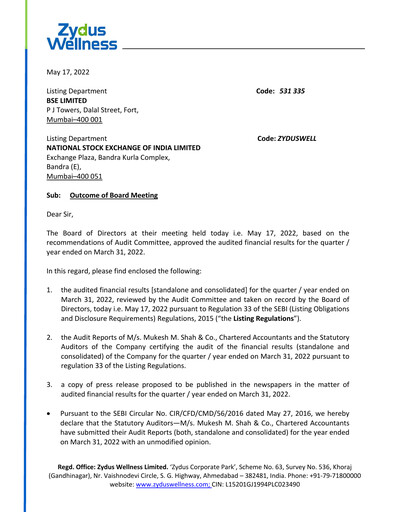 Thumbnail Zydus Wellness
 Financial Statement 2021-2022