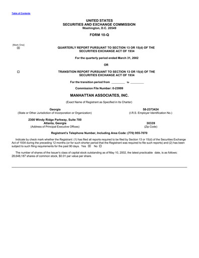 Thumbnail Manhattan Associates
 Quarterly Report 2002-q1