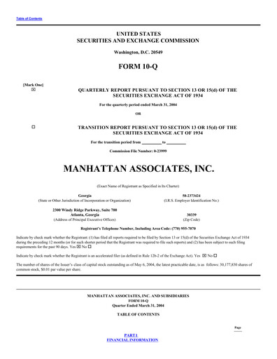 Thumbnail Manhattan Associates
 Quarterly Report 2004-q1