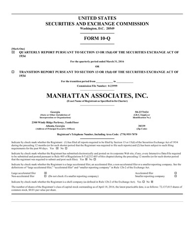 Thumbnail Manhattan Associates
 Quarterly Report 2016-q1