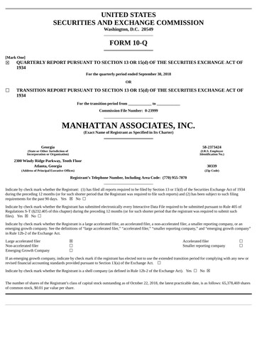 Thumbnail Manhattan Associates
 Quarterly Report 2018-q3