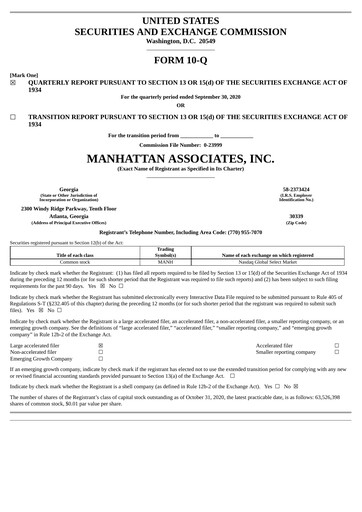Thumbnail Manhattan Associates
 Quarterly Report 2020-q3