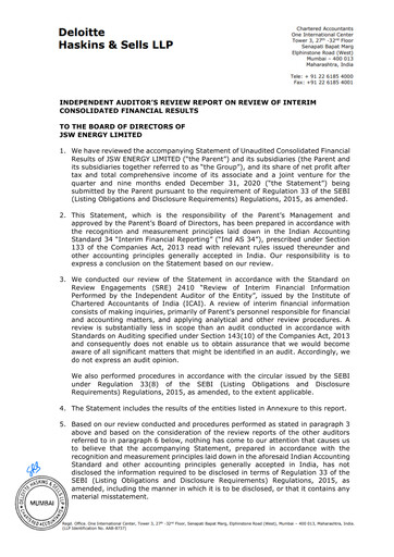 Thumbnail JSW Energy
 Quarterly Report 2020-q3