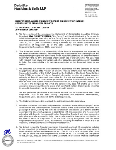 Thumbnail JSW Energy
 Quarterly Report 2022-q1