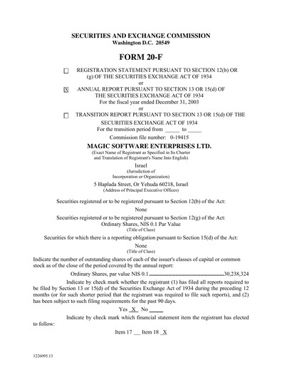 Thumbnail Magic Software Annual Report 2003