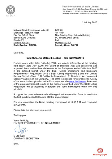 Vorschaubild Tube Investments of India Quartalsbericht 2020-q1