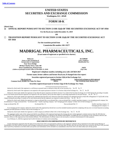 Thumbnail Madrigal Pharmaceuticals
 Annual Report 2019