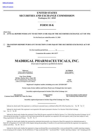 Thumbnail Madrigal Pharmaceuticals
 Annual Report 2020