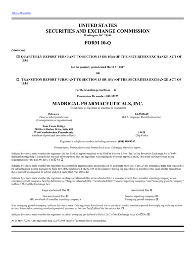 Thumbnail Madrigal Pharmaceuticals
 Quarterly Report 2017-q1