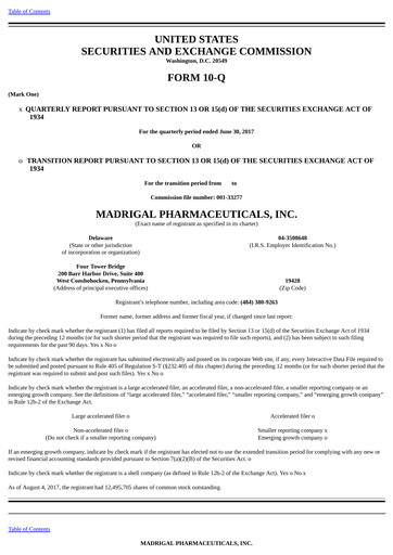 Thumbnail Madrigal Pharmaceuticals
 Quarterly Report 2017-q2