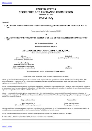 Thumbnail Madrigal Pharmaceuticals
 Quarterly Report 2017-q3