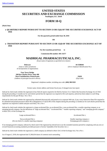 Thumbnail Madrigal Pharmaceuticals
 Quarterly Report 2018-q2