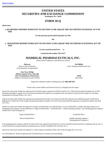 Thumbnail Madrigal Pharmaceuticals
 Quarterly Report 2018-q3