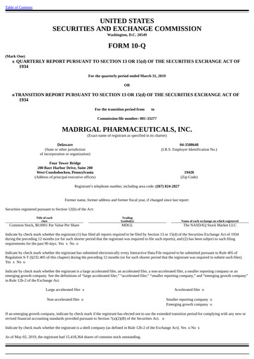 Thumbnail Madrigal Pharmaceuticals
 Quarterly Report 2019-q1