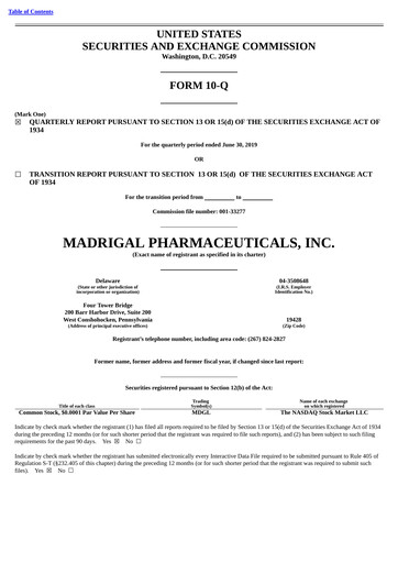 Thumbnail Madrigal Pharmaceuticals
 Quarterly Report 2019-q2
