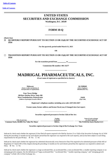 Thumbnail Madrigal Pharmaceuticals
 Quarterly Report 2021-q1