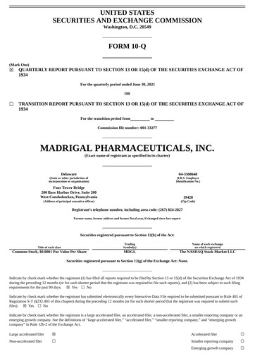 Thumbnail Madrigal Pharmaceuticals
 Quarterly Report 2021-q2