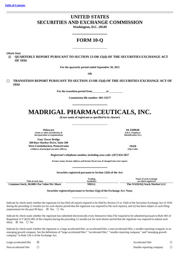 Thumbnail Madrigal Pharmaceuticals
 Quarterly Report 2021-q3