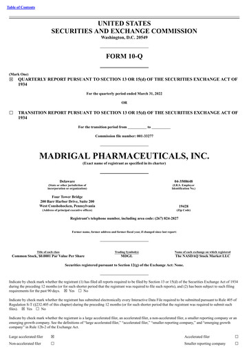 Thumbnail Madrigal Pharmaceuticals
 Quarterly Report 2022-q1