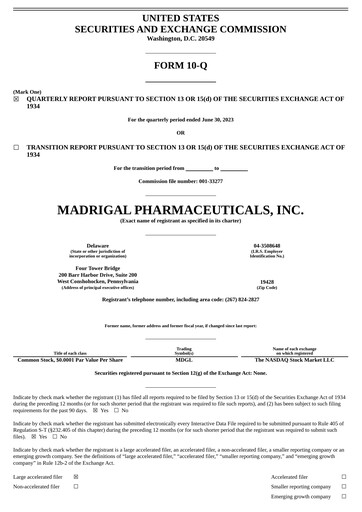Thumbnail Madrigal Pharmaceuticals
 Quarterly Report 2023-q2