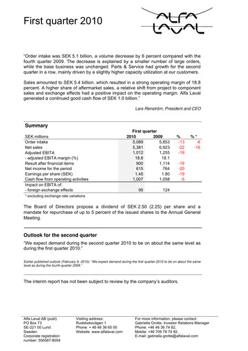 Thumbnail Alfa Laval
 Quarterly Report 2010-q1